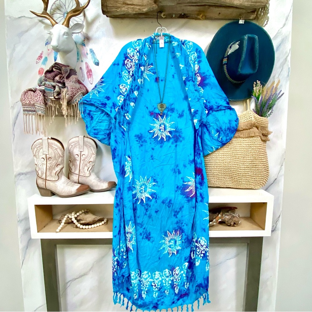Artisan TIE DYE Celestial SUN fringe Cocoon Cape cardi hippy festival beach vibe